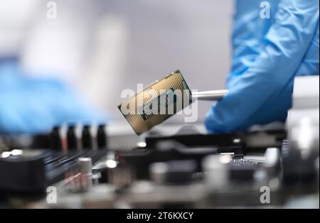 Engineer is holding microprocessor tweezers from motherboard Stock Photo