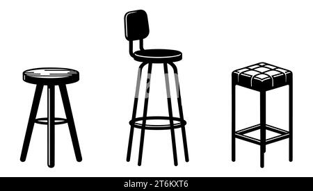 Chair icons set. Black silhouette of stool icon in flat style on white background. Vector illustration. Stock Vector