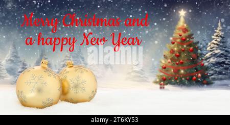 Merry Christmas card with balls baubles tree background decoration panorama tree winter snow snowflakes Stock Photo