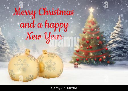 Merry Christmas card with balls baubles tree background decoration tree winter snow snowflakes Stock Photo