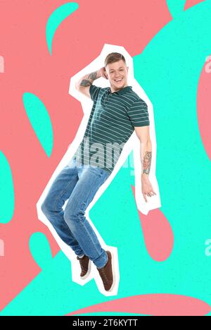 Stylish artwork with smiling man dancing on color background Stock Photo