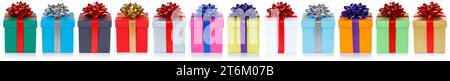 Many colorful christmas presents boxes birthday gifts in a row banner isolated on a white background Stock Photo