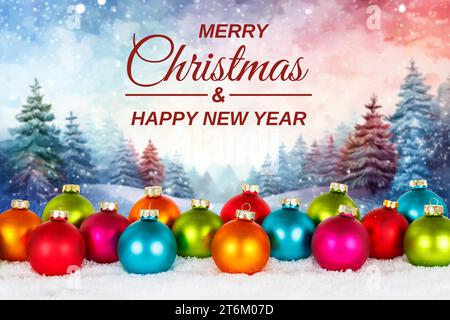 Merry Christmas card with balls baubles and winter forest background deco decoration Stock Photo