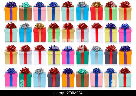 Colorful christmas presents background birthday gifts boxes isolated on a white background Stock Photo