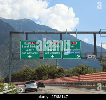 road signs on the motorway with directions to many locations in Switzerland such as Zurich Stock Photo