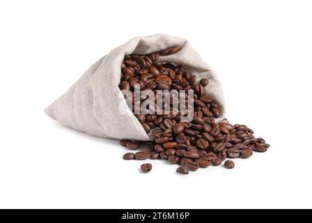 Overturned bag with roasted coffee beans isolated on white Stock Photo