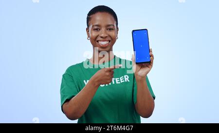 Phone, Green Screen And Portrait Of Volunteer Woman With Charity 