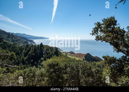 Overlooking Pacific Ocean and Los Padres National Forest from verandah of Nepenthe Restaurant, Big Sur, California Stock Photo