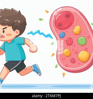 Boy running chased by germs, bacteria, fat cells Stock Vector