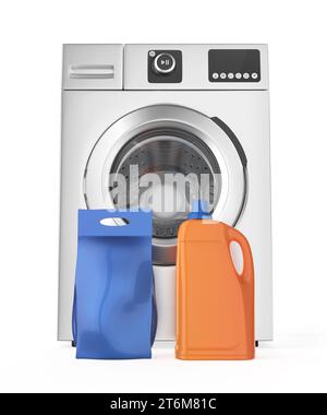 Blue washing powder bag and orange liquid detergent bottle in front of modern silver washing machine Stock Photo