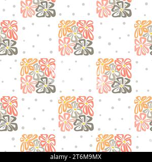 Seamless floral pattern with doodle flowers. Vector checkered background, textile design Stock Vector