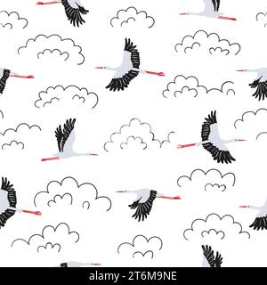 Seamless flying stork birds and doodle clouds pattern. Vector illustration Stock Vector