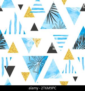 Seamless abstract summer pattern. Vector geometric background with blue watercolor triangles and tropical leaves Stock Vector