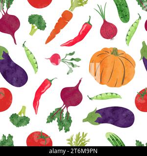 Seamless colorful vegetables pattern. Vector watercolor harvest illustration Stock Vector