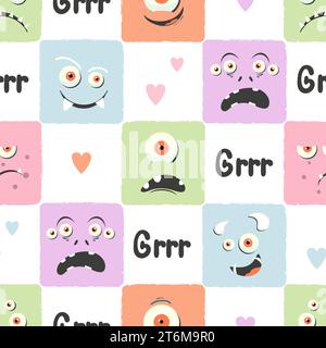 Colorful monster faces seamless pattern. Funny vector illustration, textile print Stock Vector