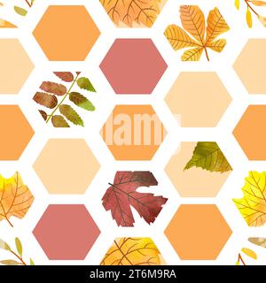 Seamless abstract geometric pattern with autumn leaves. Vector hexagon background. Fall design Stock Vector