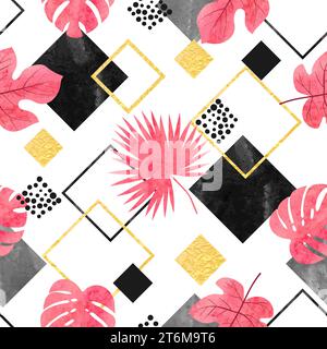 Seamless summer pattern with tropical leaves and geometric shapes. Vector abstract trendy print Stock Vector