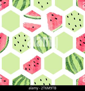 Seamless abstract summer pattern with watermelon. Vector hexagon geometric background Stock Vector