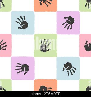 Seamless colorful pattern with kids palm hand prints. Vector illustration Stock Vector