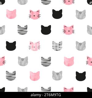 Seamless cute cats pattern. Vector illustration with watercolor cat heads. Childish print Stock Vector