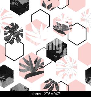 Seamless abstract pattern with hexagons tropical leaves. Vector geometric background. Summer design Stock Vector