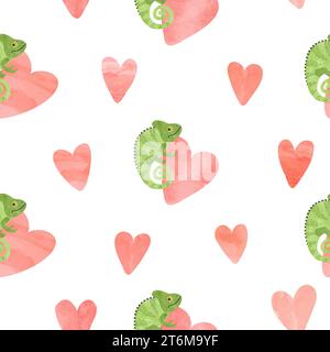 Cute chameleon and watercolor hearts seamless pattern. Vector love background Stock Vector
