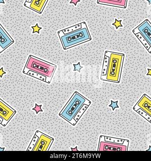 Seamless 90s pattern with audiocassettes. Trendy print with cartoon audio tapes Stock Vector