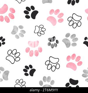 Cat paw print seamless pattern in pink and black colors Stock Vector
