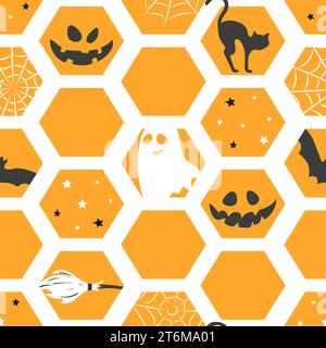 Halloween abstract pattern. Wrapping paper design with pumpkin, black cat, bat and ghost Stock Vector