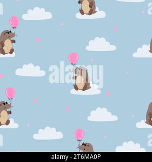 Seamless pattern with cute mole and balloon. Vector cartoon moles illustration Stock Vector