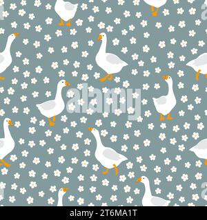 Seamless cute geese pattern. Cartoon goose bird simple print. Vector illustration Stock Vector