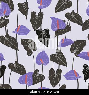 Seamless floral pattern. Vector background with Anthurium flowers and leaves Stock Vector