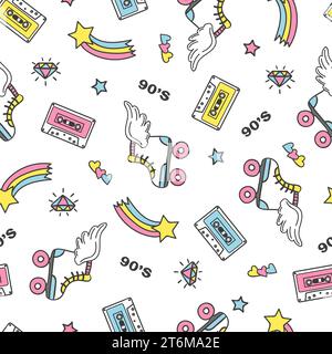 Seamless trendy 90s style pattern with cartoon elements. Textile, wrapping print Stock Vector