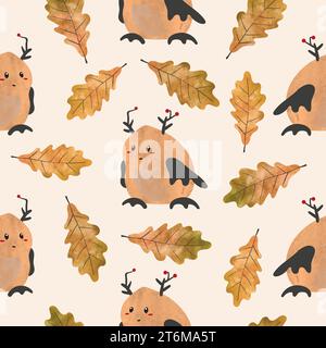 Seamless woodland pattern with autumn oak leaves and cute forest animal creatures Stock Vector