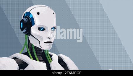 Pixel art humanoid AI robot banner. Avatar of artificial intelligence robot chat bot. Retro game 8 bit style vector of pixelated cyborg Stock Vector