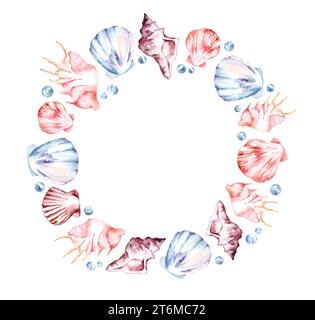 Watercolor round frame of sea shells, illustration Stock Photo - Alamy