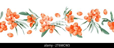 Sea Buckthorn Border. Hand drawn watercolor illustration. Seaberry on white isolated background. Drawing berries and leaves for food label or cards de Stock Photo