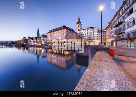 Zurich, Switzerland on the Limmat River at blue hour. Stock Photo