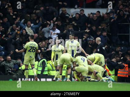 10th November 2023;  Ewood Park, Blackburn, England; EFL Championship  Football, Blackburn Rovers versus Preston North End; Preston North End supporters celebrate the 90th minute winning goal scored by Liam Lindsay Stock Photo