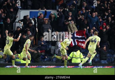 10th November 2023;  Ewood Park, Blackburn, England; EFL Championship  Football, Blackburn Rovers versus Preston North End;  Preston North End supporters celebrate the 90th minute winning goal scored by Liam Lindsay Stock Photo