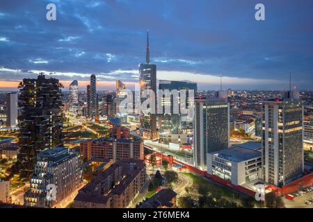 Milan, Italy cityscape of the Porta Nuova financial district at dawn. Stock Photo