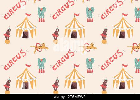 cute seamless pattern with circus animals and tent Stock Vector