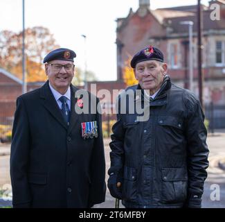 Brentwood, Essex, 11th November 2023, British Legion Armistice Day in Brentwood, Essex A handful of people and veterans pay their respects at the War Memorial in Brentwood, Essex, on Remembrance Day Credit: Richard Lincoln/Alamy Live News Stock Photo