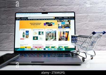 Bavaria, Germany - November 10, 2023: Amazon online store website on a laptop screen *** Amazon Online-Shop Website auf einem Laptop Bildschirm Stock Photo