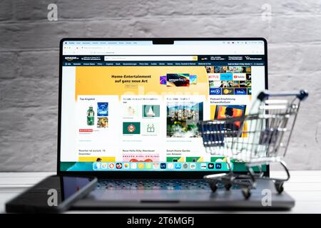 Bavaria, Germany - November 10, 2023: Amazon online store website on a laptop screen *** Amazon Online-Shop Website auf einem Laptop Bildschirm Stock Photo