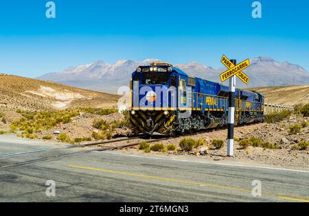 Stunning blue train crossing a road in the beautiful andean landscape of Salinas Y Aguada Blanca National Reserve, Arequipa region, Peru Stock Photo