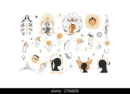 Hand drawn vector abstract graphic line illustration elements collection set,magic crescent,butterfly,flowers,animals,moon and human hands isolated Stock Vector