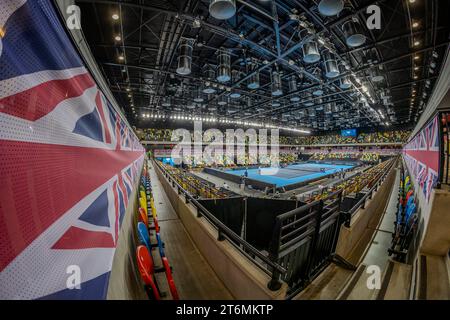 11th November 2023; Copper Box Arena, Stratford, London, England: Billie Jean King Cup Play-Offs, Great Britain versus Sweden, Day 1;  A general view of Copper Box Arena before the matches Stock Photo