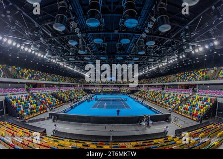 11th November 2023; Copper Box Arena, Stratford, London, England: Billie Jean King Cup Play-Offs, Great Britain versus Sweden, Day 1;  A general view of Copper Box Arena before the matches Stock Photo