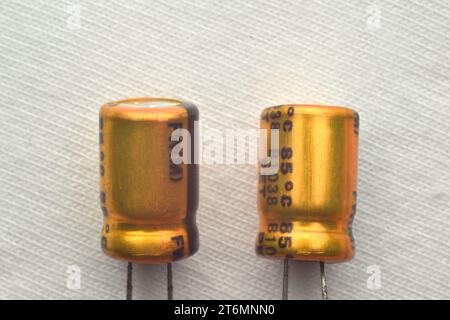 Japanese audio grade electrolytic capacitor. Electronic component. Stock Photo